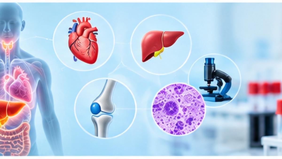 Illustration of the heart, liver, joints and blood cells covered by health profiles